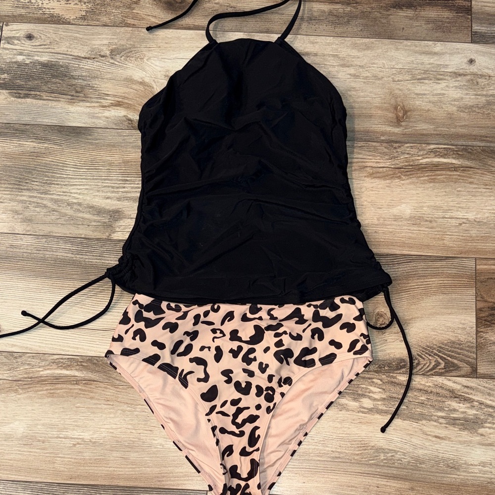 Black Halter Tankini Top with tan Leopard High-Waist Bottoms